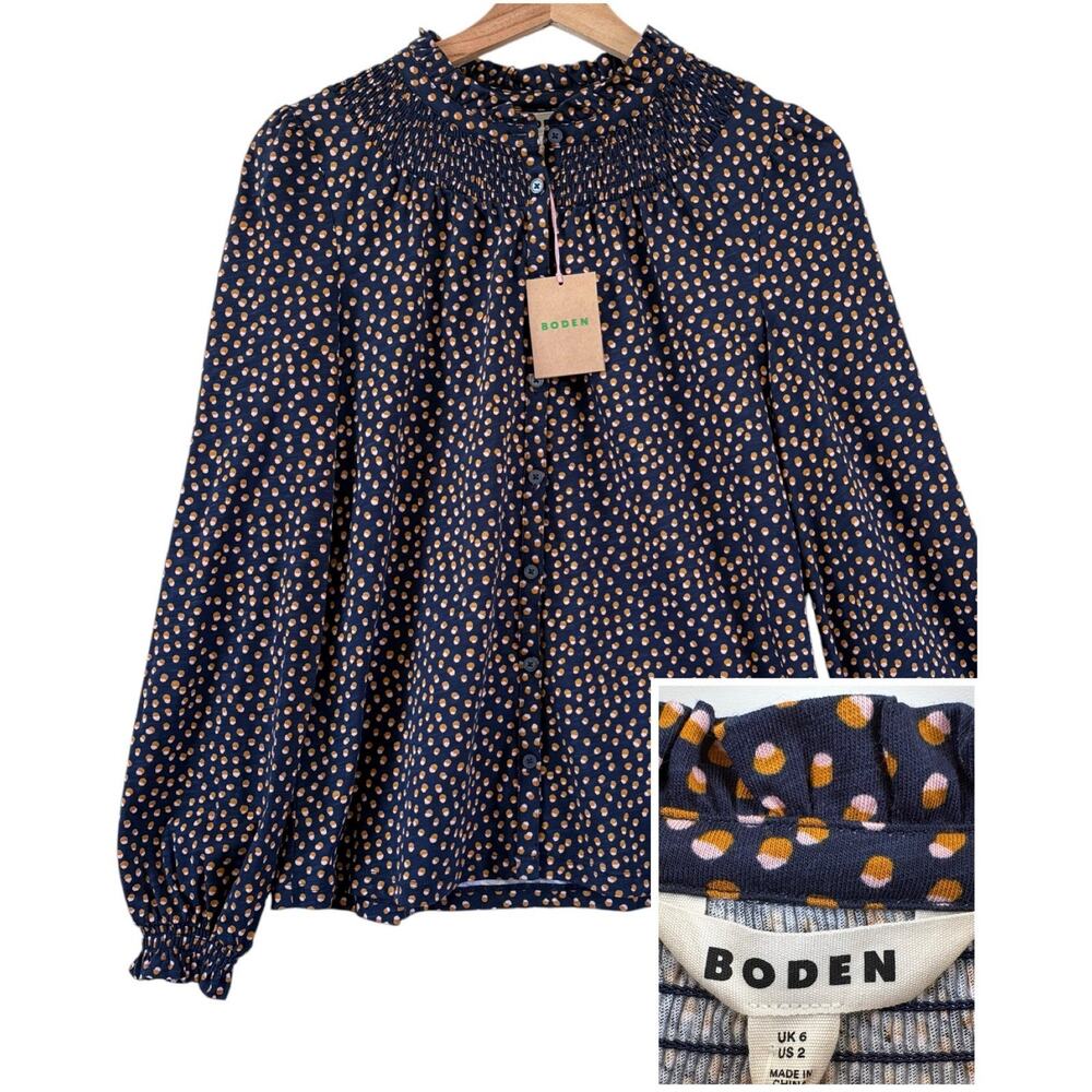 Boden Fay Smocked Jersey Shirt US 2 Cotton Tencel High Neck Button-Up Navy Tan